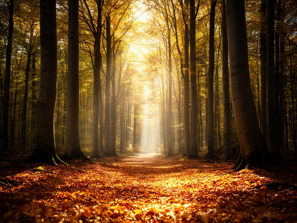 Sentiero attraverso un bosco di faggi in autunno, foglie dorate a terra, raggi di sole che filtrano tra i rami in controluce, atmosfera cinematografica e silenziosa