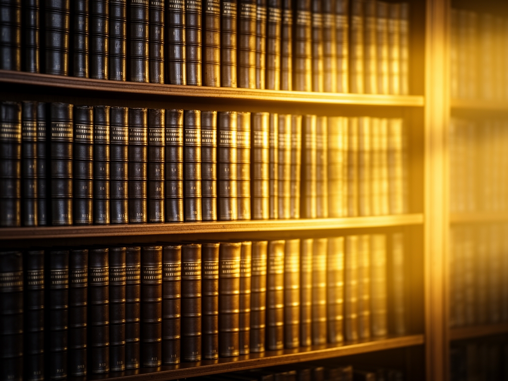 Ripiani di una biblioteca con volumi rilegati in pelle scura, luce calda dorata che filtra attraverso le finestre, atmosfera di studio e raccoglimento